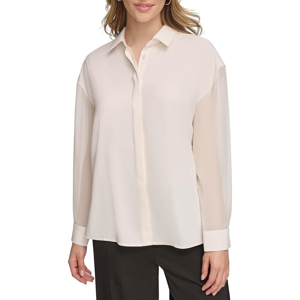 CALVIN KLEIN women's Sheer Sleeve Shirt buttons front size XS in ivory $100